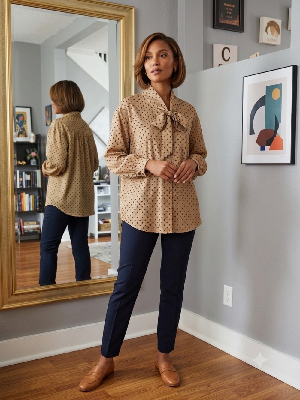 Fervour tan polka dot pussybow button down retro style blouse 2X